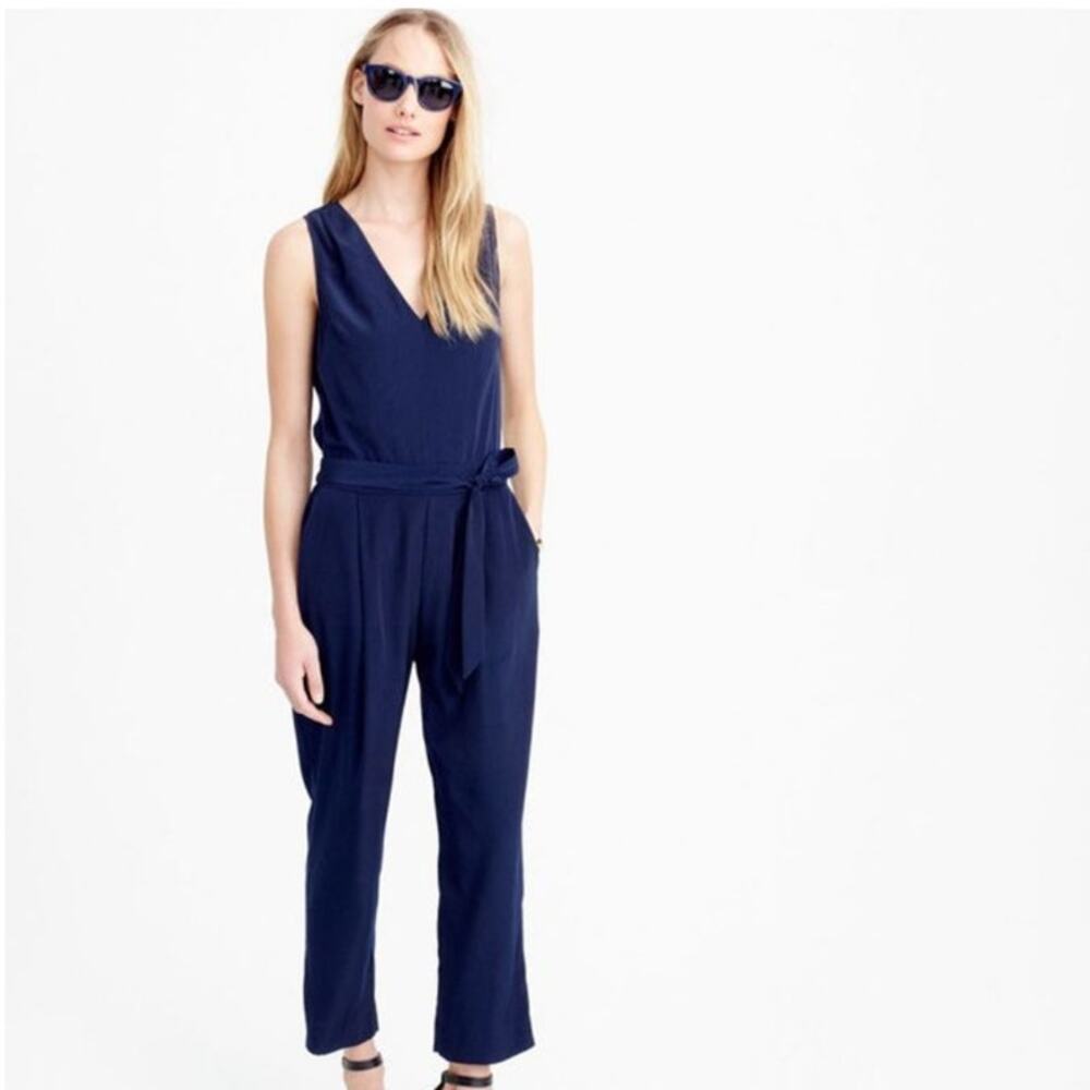 J.Crew Navy Blue Sleeveless V Neck Tie Waist Jumpsuit Size‎ 00 Business Casual